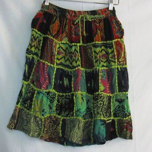 Vintage Shoreline Boho Embroidered Patchwork Skirt Draw String Elastic Waist
